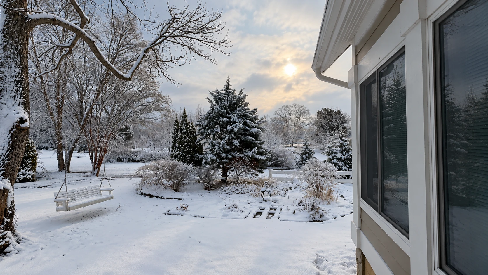 Snow-covered winter garden at Chesapeake Paradise with a porch swing, evergreen trees, and soft sunlight through a cloudy sky.