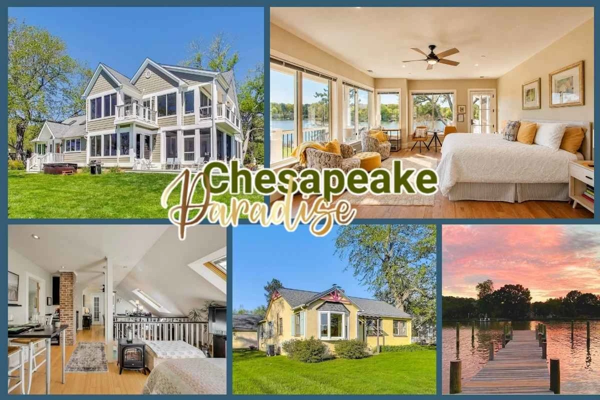 Collage of Chesapeake Paradise showing the waterfront Chesapeake Paradise house, a bright bay-view The Sunrise Suite, the sky-lit Flat, Waterfront Wonder Cottage, and the private pier at sunset.